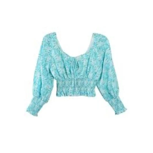Rixo London Helena Smocked Crop Top Aqua Size M Cottagecore Romantic Resort - Picture 6 of 7